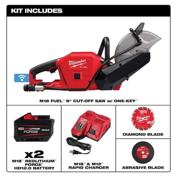 M18 FUEL ONE-KEY 18V Lithium-Ion Brushless Cordless 9 in. Cut Off Saw Kit W/(2) 12. 0Ah Batteries & Rapid Charger