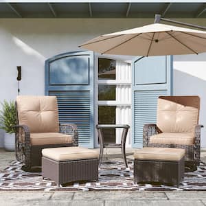 5-Piece Wicker Outdoor Patio Conversation Set with Swivel Rocking Chair, Ottomans and Beige Cushions, Recliner
