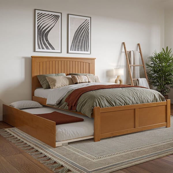 Nantucket Light Toffee Natural Bronze Solid Wood Frame Full Platform Bed with Footboard and Twin Trundle