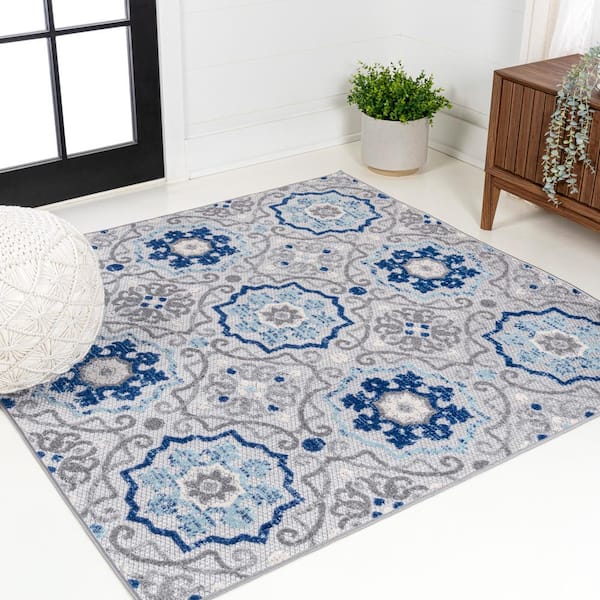 JONATHAN Y Mediterranean Blue/Gray 5 ft. Square Medallion Indoor/Outdoor Area Rug