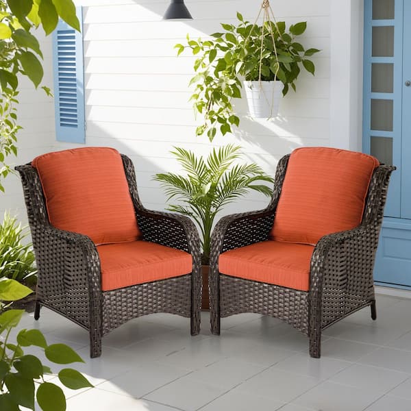 Clario Wicker Single Outdoor Lounge Chair with Orange Red Thickness Cushion (2-Pack)