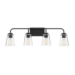 32 in. W x 9.75 in. H 4-Light Matte Black Bathroom Vanity Light with Clear Glass Shades