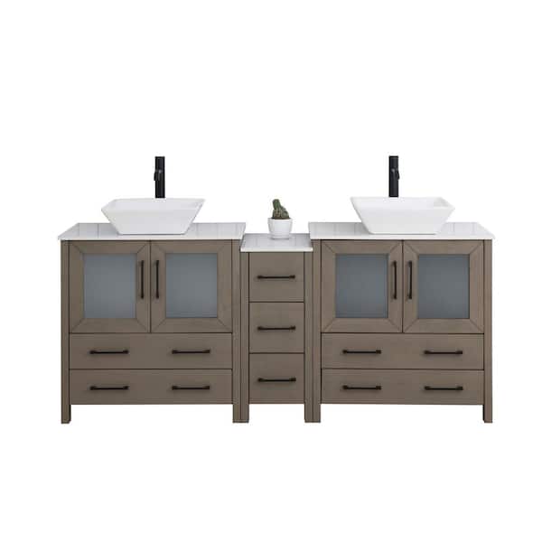 Vanity Art 72 in. W Double Basin Driftwood Gray Bath Vanity with White Engineered Marble Top and Mirror
