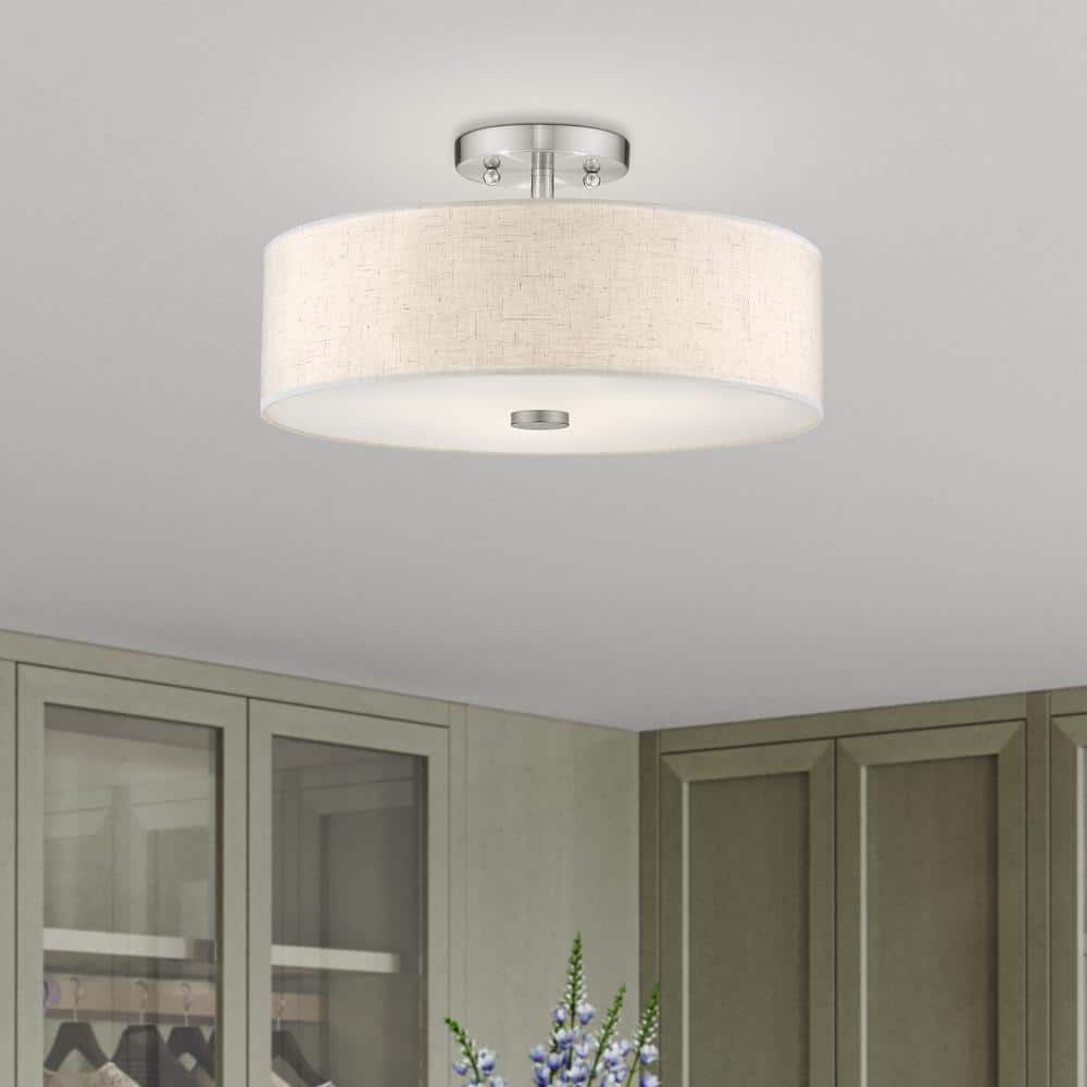 Meridian Brushed Nickel 3-Light Drum Ceiling Fixture with Oatmeal Shade