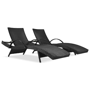 Black Outdoor Wicker Recliner Chaise Lounge with Pull-Out Side Table Adjustable Back, Set of 2