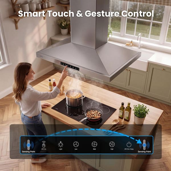 36 in. 700 CFM Convertible Island Range Hood in Stainless Steel with Gesture/Touch Control, LED Lights