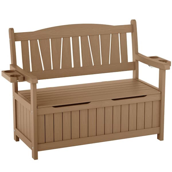 43 Gal. Teak Plastic Outdoor Storage Bench with Double Cup Holders