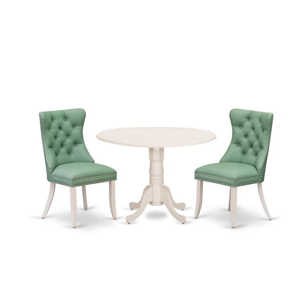 East West Furniture 3-Piece Linen white Solid Wood Top-Round Upholstered Dining Room Set with Dropleaf-Seats 4