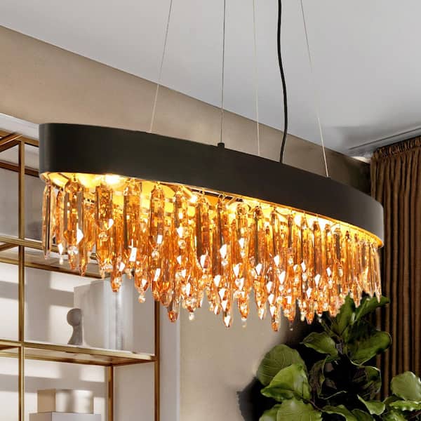 Modern 10-Light Gunmetal Gray Oval Crystal Chandelier for Kitchen Island, Dining Room with Plated Brass Inside Accents