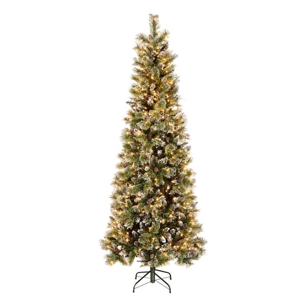 7.5 ft. Glittery Bristle Slim Pine Artificial Christmas Tree with Clear Lights