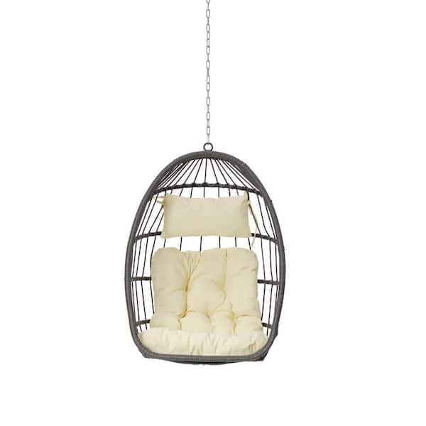 Boosicavelly Outdoor Patio Gray Wicker Rattan Egg Patio Swing Chair Hanging Chair with Khaki and yellow Cushion