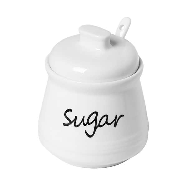 White 12 fl. oz. Ceramic Sugar Bowl with Lid and Spoon, for Coffee Bar Accessories Food Storage Containers