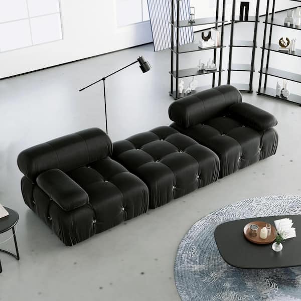 Magic Home 103.95 in. Free Combination Minimalist Sofa Convertible Modular Reversible 3 Seater Velvet Couch and Ottoman, Black