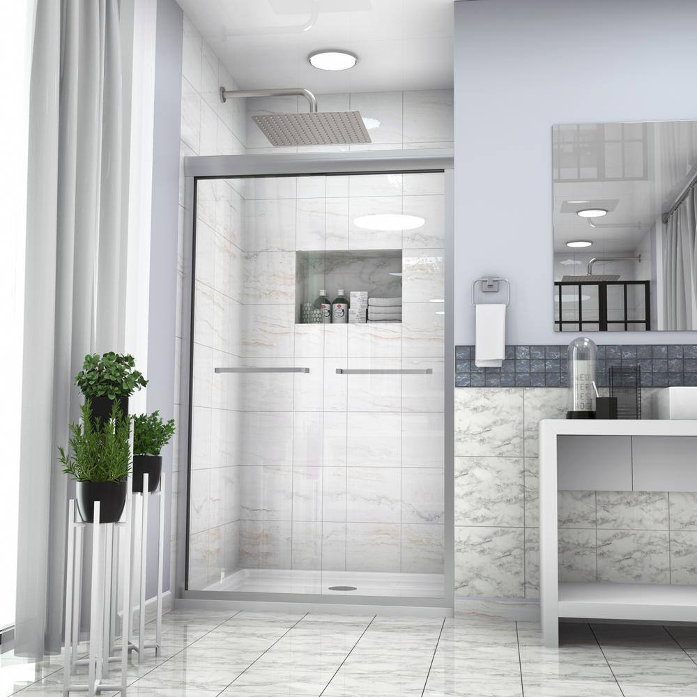 48 in. W x 76 in. H Sliding Semi-Frameless Tub Door in Brushed Nickel Finis