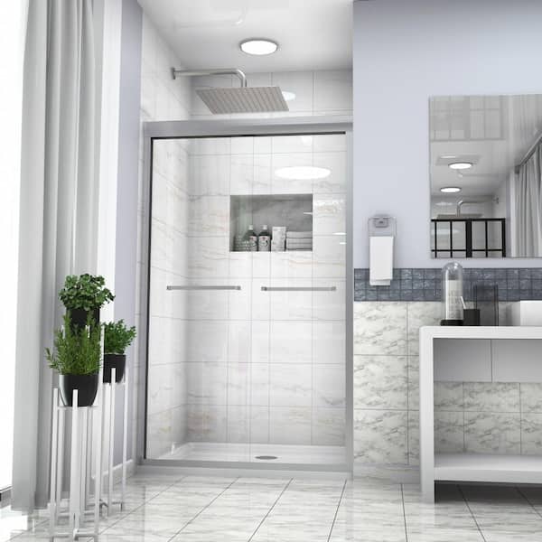 EPOWP 48 in. W x 76 in. H Sliding Semi-Frameless Tub Door in Brushed Nickel Finish with Tempered Glass