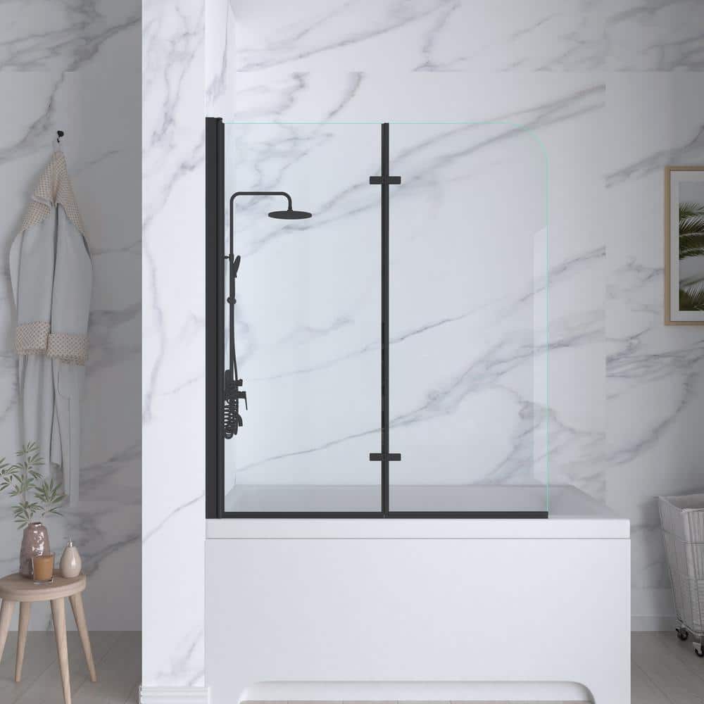 Matte Black Frameless Pivot Tub Door with Clear Glass