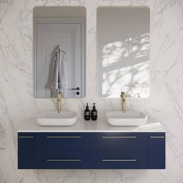 Lucera 60 in. Double Sink Wall Mount Floating Royal Blue Bath Vanity with White Quartz Top and Vessel Ceramic Sinks