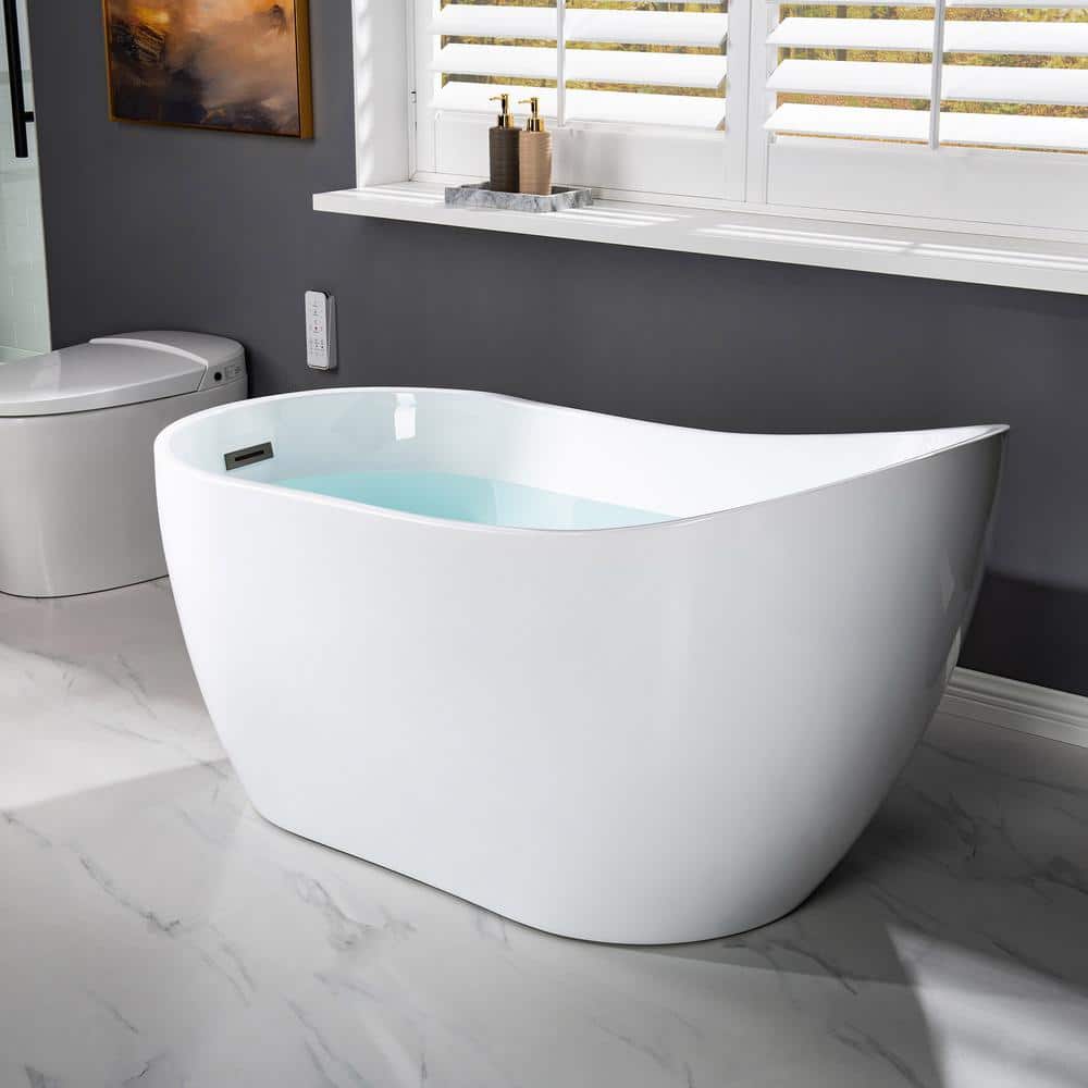 54" White Acrylic Freestanding Slipper Soaking Tub with Matte Black Trim