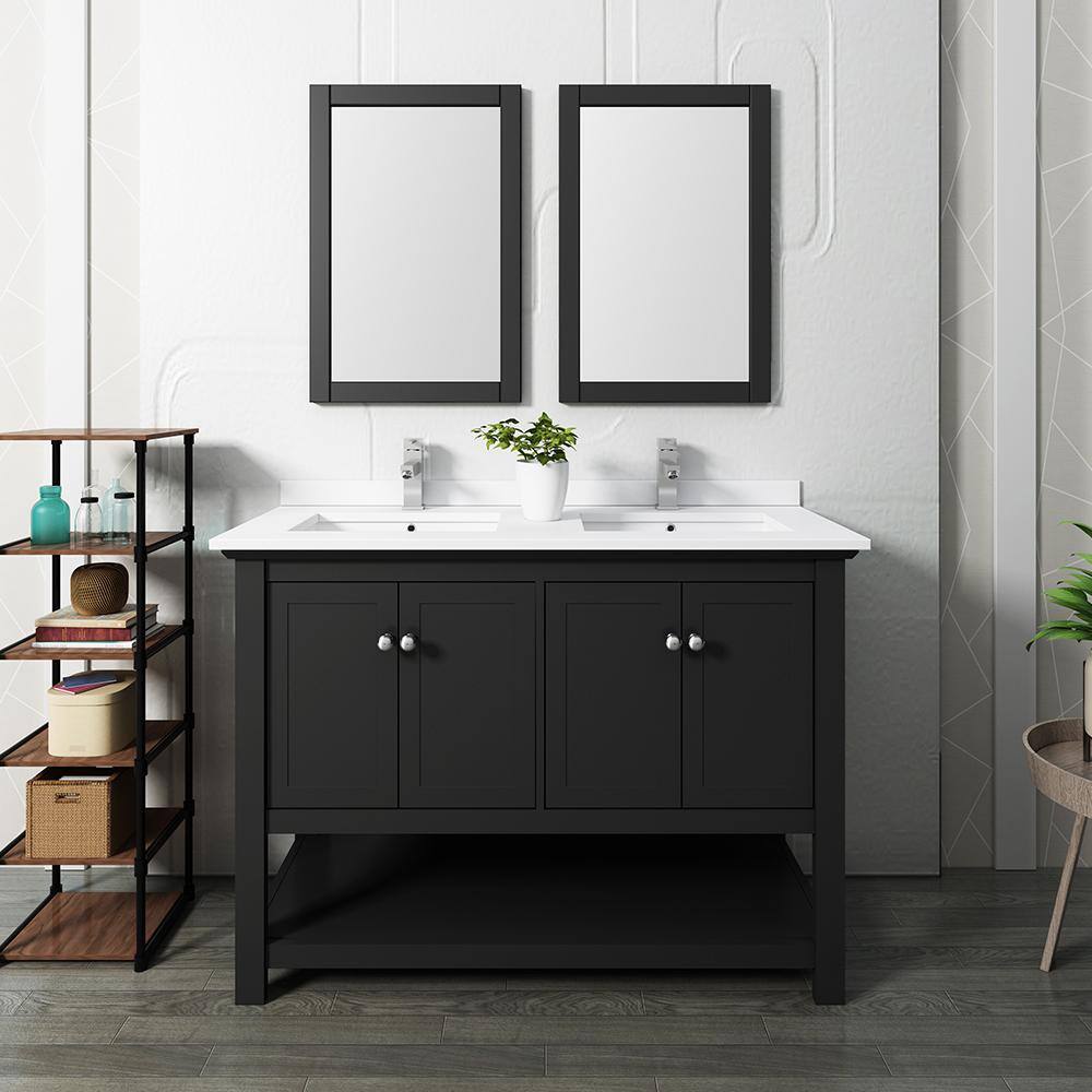 Elegant 48" Black Double Sink Vanity Set with Quartz Top & Mirrors