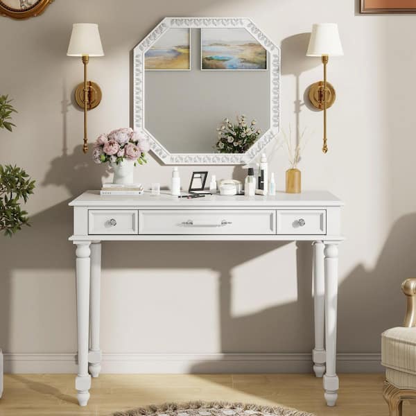 White Makeup Vanity Table with Large Mirror and Drawer