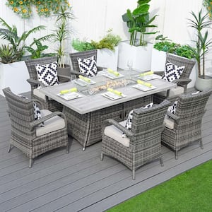 Gray 7-Piece Wicker Patio Fire Pit Conversation Set with Gray Cushions