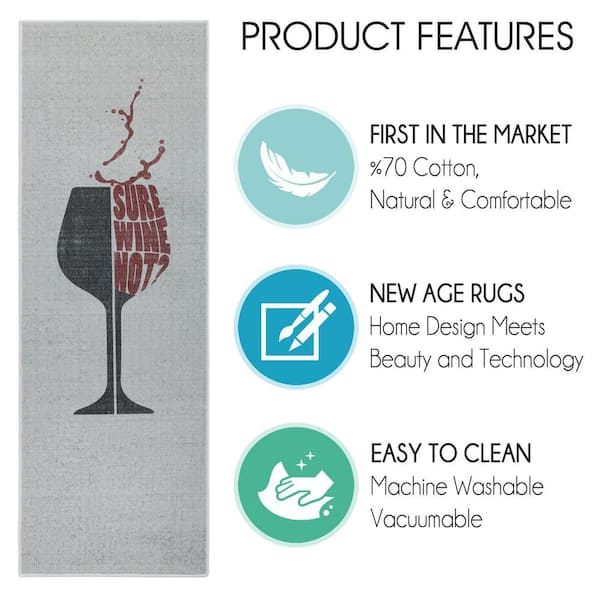 Wine Design Gray-Black 20 in. x 59 in. Cotton Kitchen or Bar Runner Rug