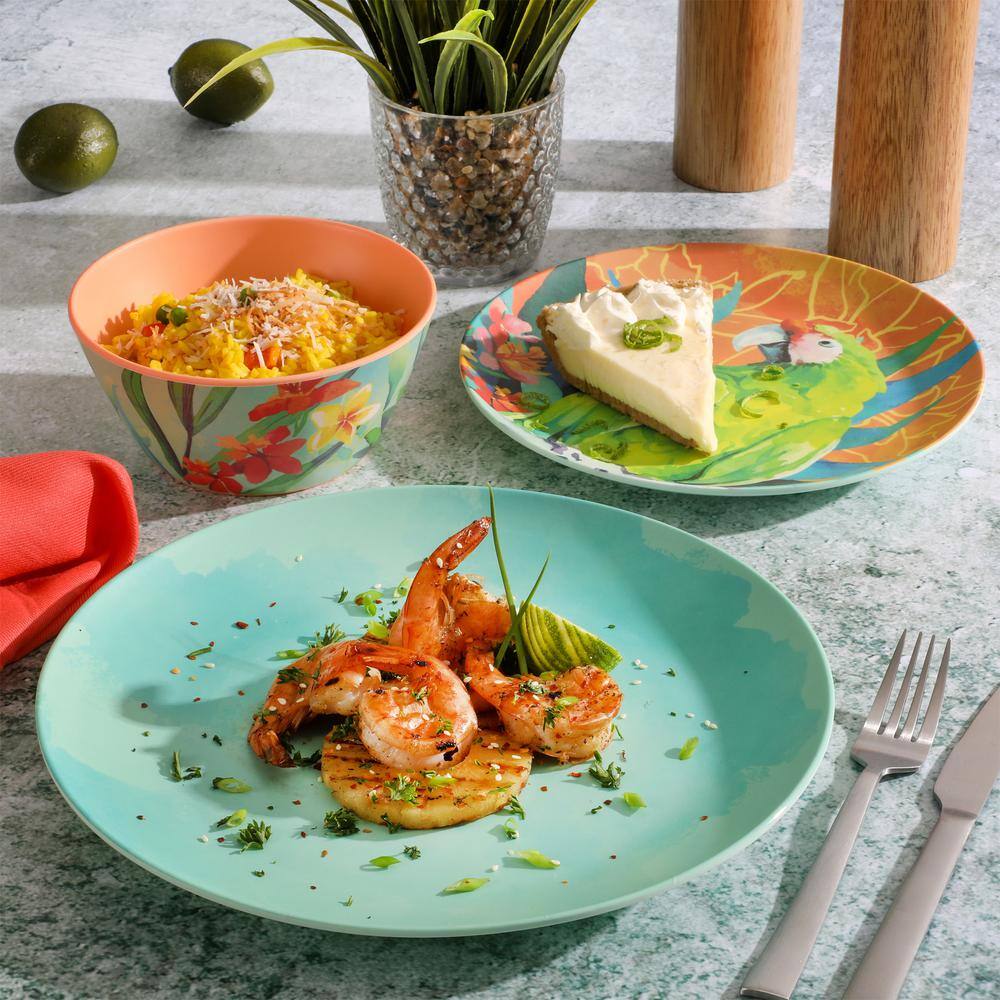 Laurie Gates Tropical Parrots 12 Piece Colorful Melamine Dinnerware Set