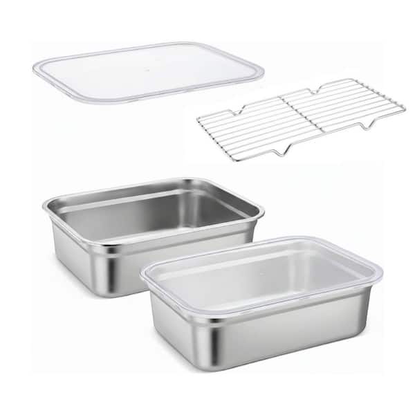 3-Piece Stainless Steel Half-Size Pan Set Silver with Cooling Rack Clear Lid Oven Safe Food Prep Storage Set