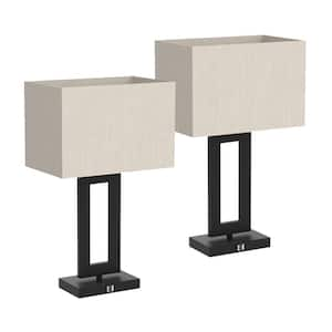 22 in. Black Bedside Table Lamp with Cream White Fabric Shade, 3-Way Dimmable Touch Control and USB Ports, (2-Piece)