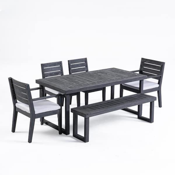 Noble House Nestor Sandblast Dark Grey 6-Piece Wood Outdoor Dining Set with Light Grey Cushions