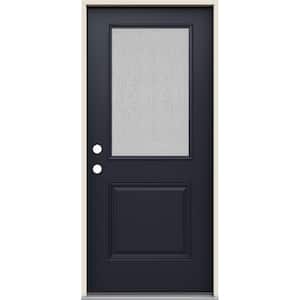 36 in. x 80 in. Right-Hand 1/2 Lite Streamed Ripple Glass Black Fiberglass Prehung Front Door