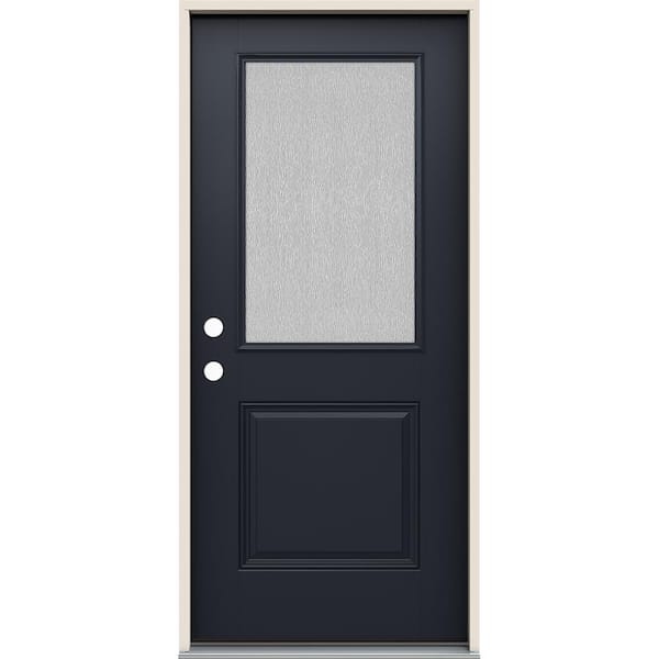 JELD-WEN 36 in. x 80 in. Right-Hand 1/2 Lite Streamed Ripple Glass Black Fiberglass Prehung Front Door