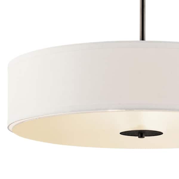 24 in. 3-Light Olde Bronze Transitional Fabric Shaded Kitchen Convertible Pendant Hanging Light to Semi-Flush