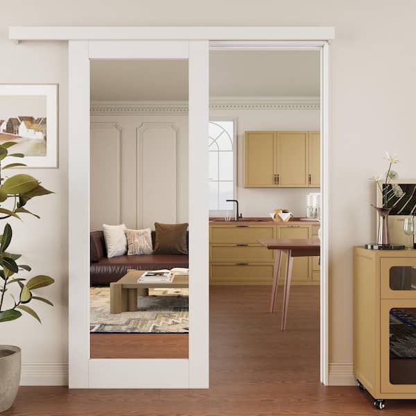 32 in. x 80 in. Hidden Track Style 1-Lite Mirrored Glass White Primed MDF Sliding Barn Door with Hardware Kit