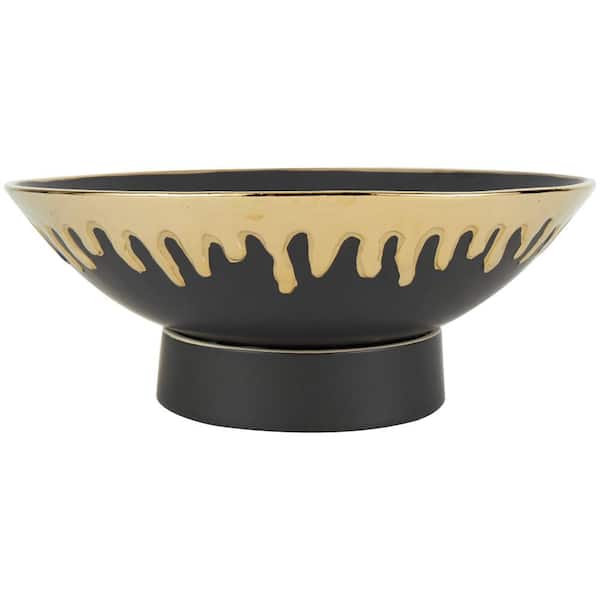 CosmoLiving by Cosmopolitan Black Ceramic Decorative Bowl with Abstract Gold Melting Drips