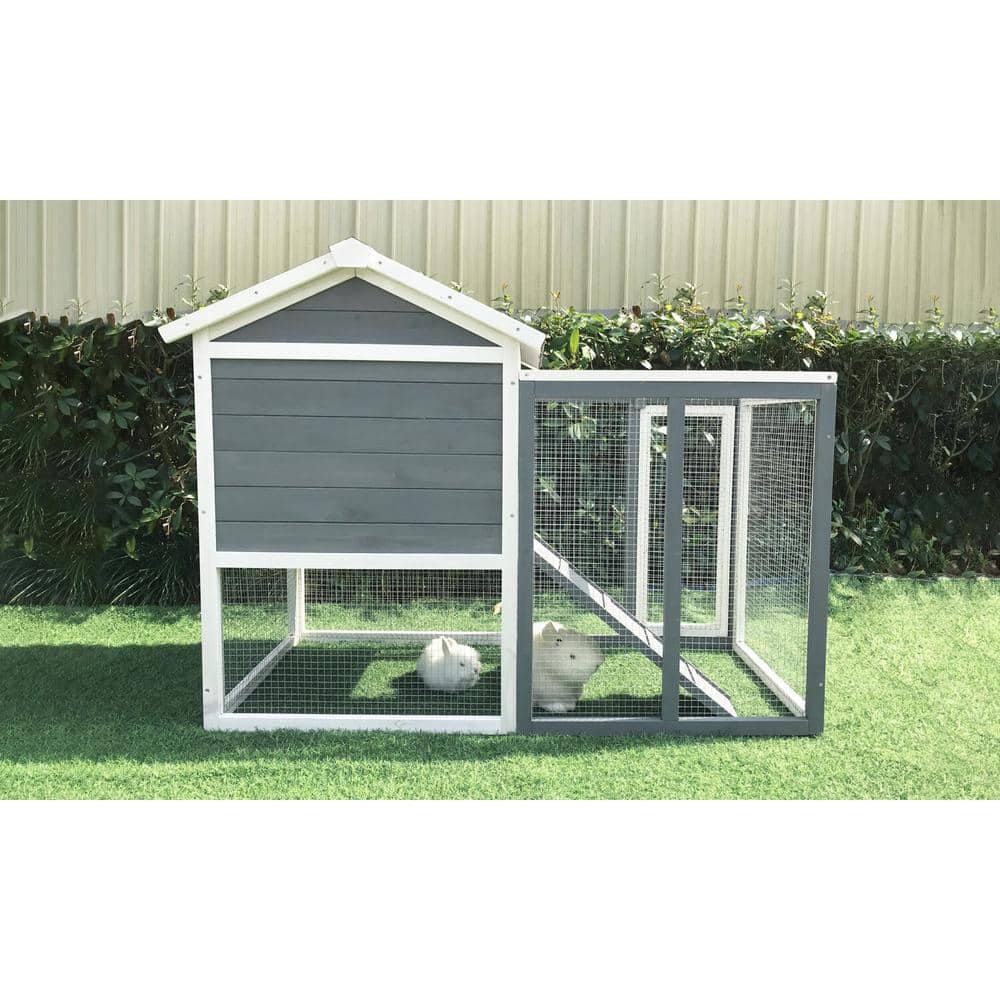 Gray and White Wooden Rabbit Hutch with Wire Mesh Run