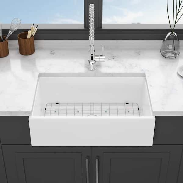 grossag 30 in. Farmhouse/Apron-Front Drop-in Single Bowl White Ceramic Kitchen with Bottom Grids and Strainer Basket