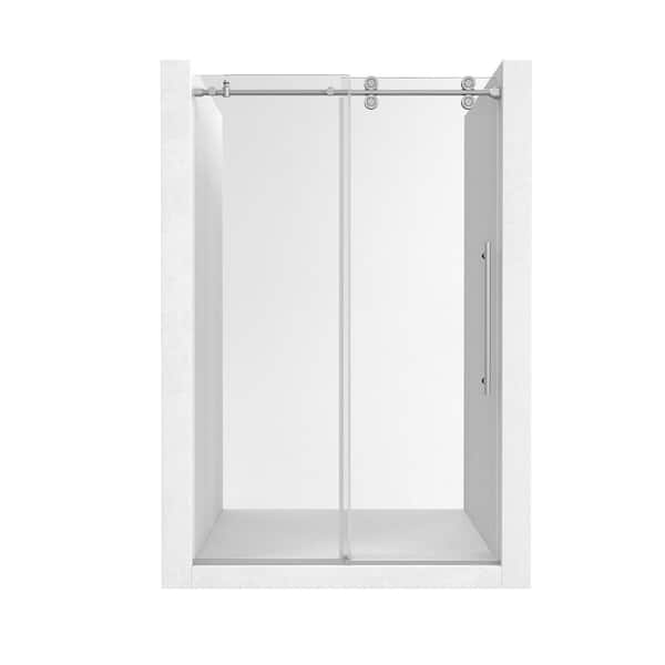 48 in. W x 76 in. H Sliding Frameless Clear Glass Shower Door in Brushed Nickel