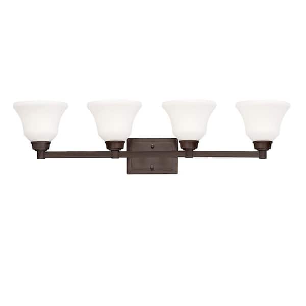 KICHLER Langford 35 in. 4-Light Olde Bronze LED Transitional Bathroom Vanity Light Bar with Satin Etched White Glass