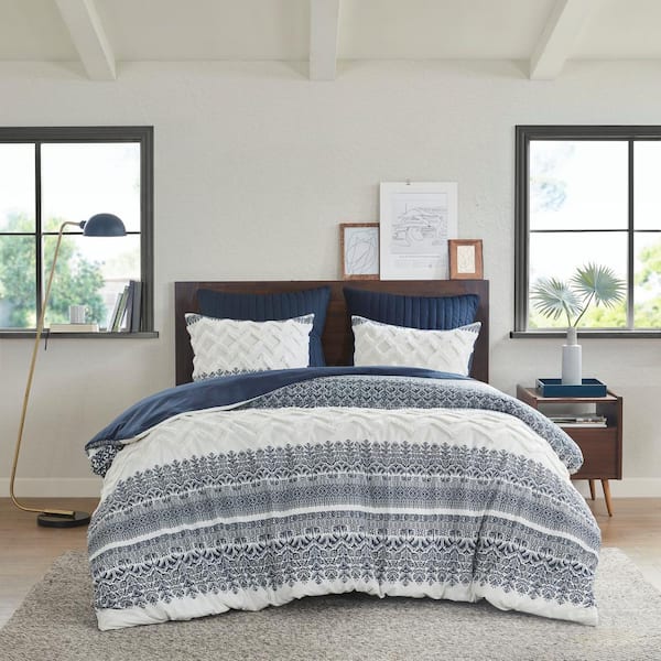 INK+IVY Mila 3-Piece Navy Cotton Full/Queen Duvet Cover Set