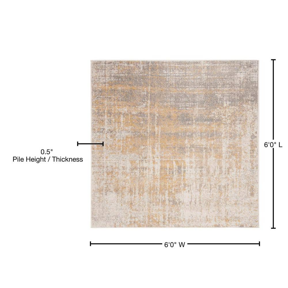 6' Square Gray and Gold Abstract Synthetic Area Rug