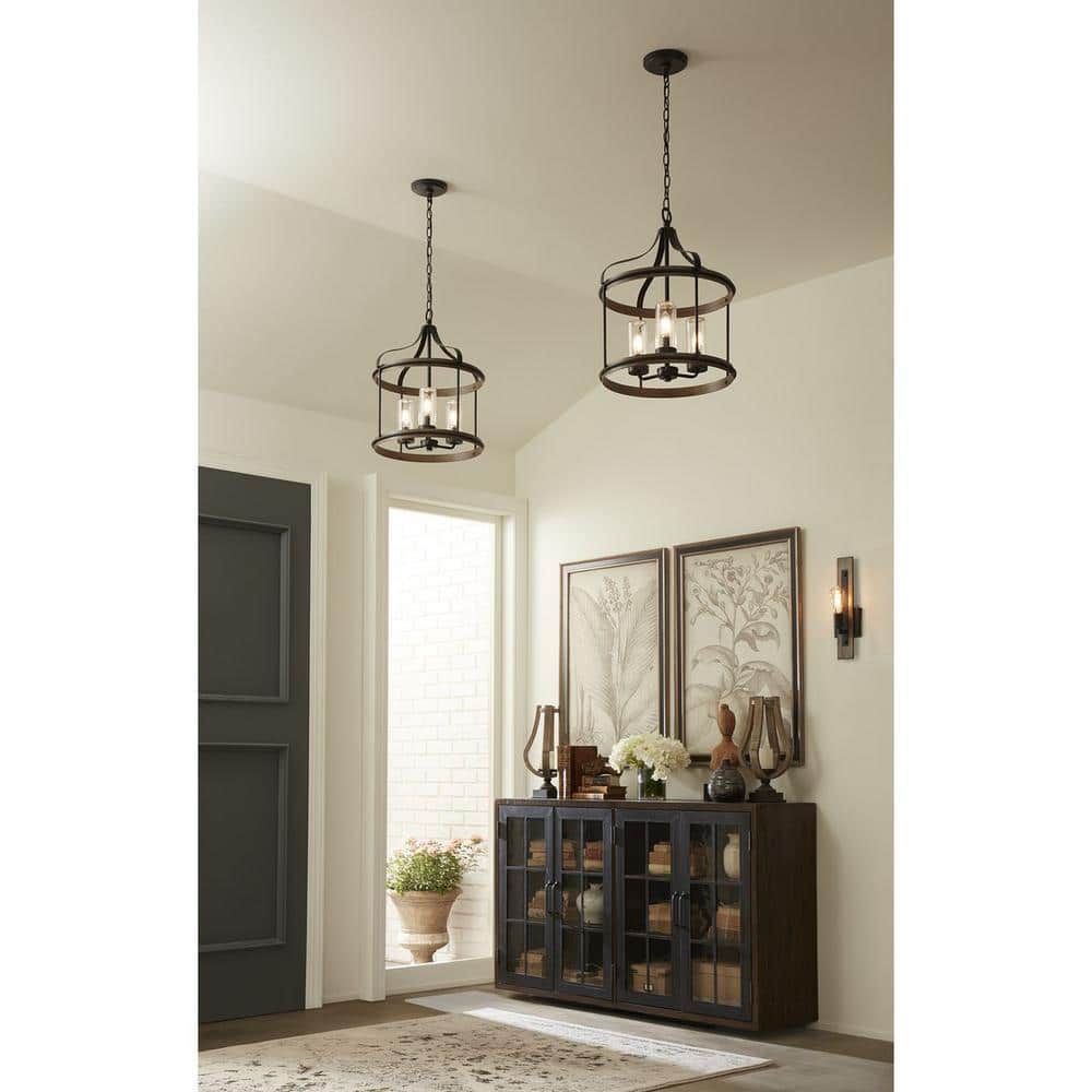 Brenham Matte Black 3-Light Farmhouse Pendant with Seeded Glass