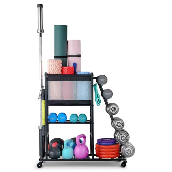 Vertical Yoga Mat Storage, Home Gym Workout Organize Rack with Wheels,  Exercise/Fitness Mats Holder Shelf, 5 Tier Double Sided Hook, Stable, Black