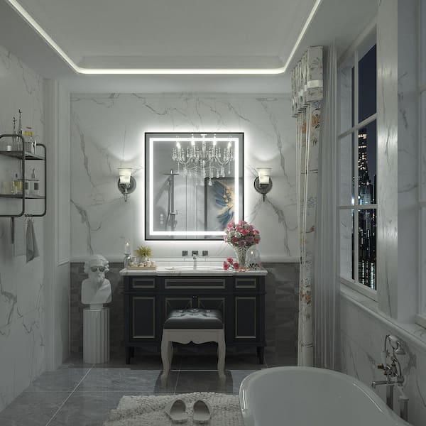 28 in. W x 32 in. H Rectangular Framed Front and Back LED Lighted Anti-Fog Wall Bathroom Vanity Mirror in Tempered Glass