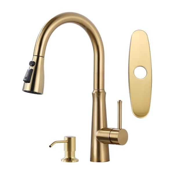 3-Ways Spray Single Handle Pull Down Sprayer Kitchen Faucet with Soap Dispenser in Gold