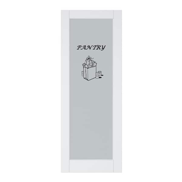 30 in. x 80 in. 1-Lite Tempered Frosted Glass White Primed Solid Core MDF Wood Interior Door Slab with Pantry Sticker