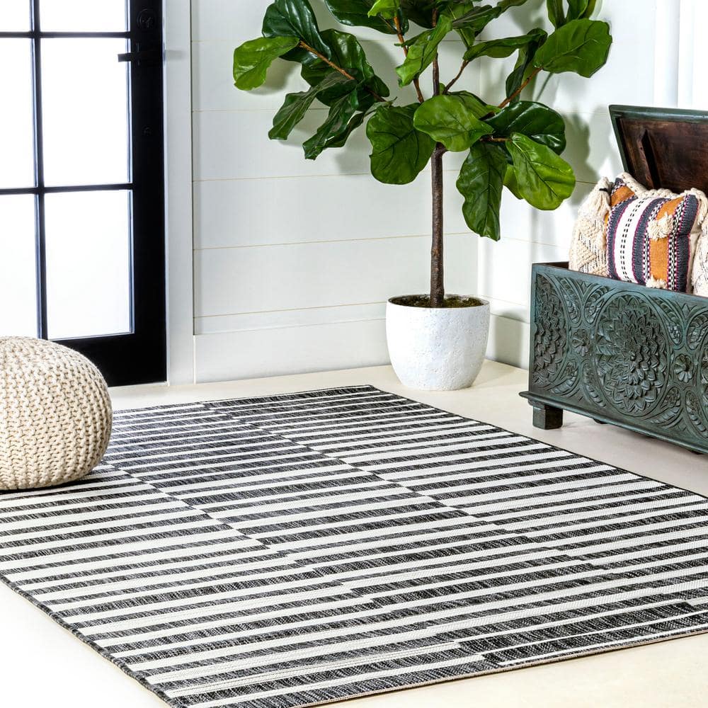 Ivory and Black Stripe Synthetic 8' x 10' Easy-Care Rug