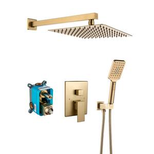 Single-Handle 3-Spray Wall Mount 10 in. Square Shower Faucet with Hand Shower in Brushed Gold (Valve Included)