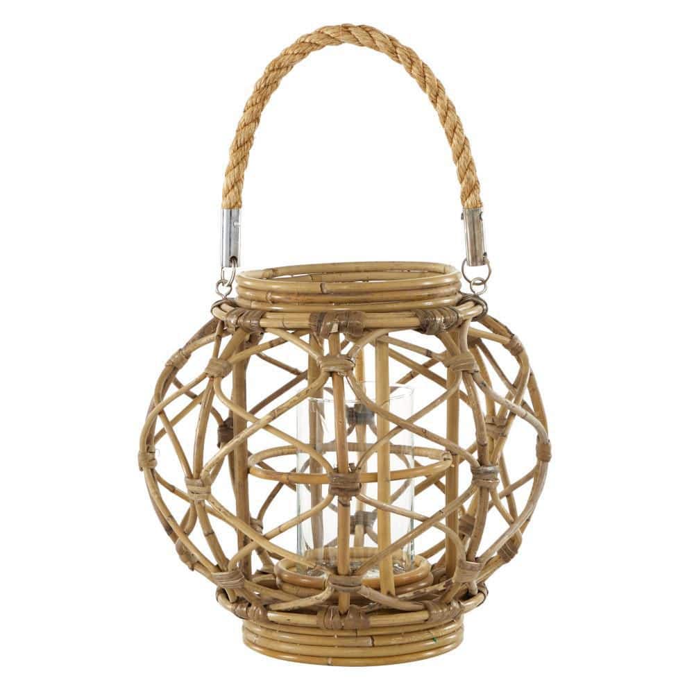 Ellipse-Shaped Rattan and Burlap Rope Hanging Lantern, 13''