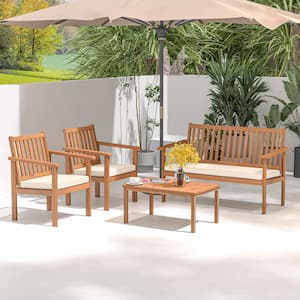 4-Piece Acacia Wood Patio Conversation Set with Off White Cushions